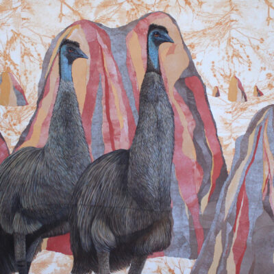 Kay Gibson,           Emu and Anthills    Acrylic soft ground etching collage on paper on canvas     123 x 173cm    $6500