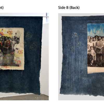 Keroshin Govender, Vatsala and Marimuthu,
Hand dyed natural indigo fabric, screen-printing, hand and machine sewing, jute, linen, silk, acrylic paint,
130 x 94cm,
$3500
