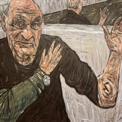 Thomas Delohery, Were science and art change your identity. Portrait of Performance Artist Stelarc, 
Mixed media on canvas, 
91 X 121cm,
$8000 

