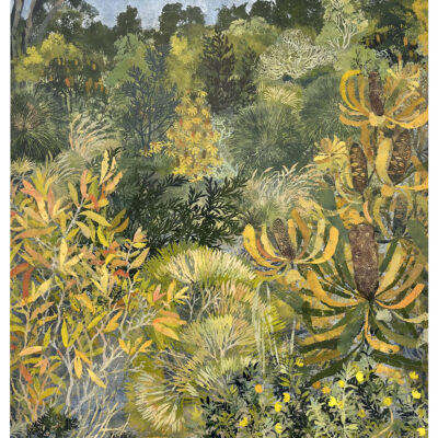 Dominique Coiffait, Embracing the Green & Gold,  
Lino print over a mono print ground; employing 60+ hand carved lino blocks Oil based ink on paper. Unique state print, 
106 x 76cm, 
$3900, Rotary Prize II Winner 
