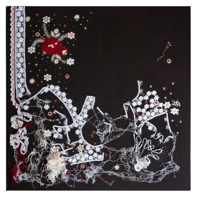 Elisa Markes-Young, The Original Place 1/2018
Wool, cotton, hand-made lace, beads, sequins, acrylic on Belgian Linen
110 cm x 110 cm

