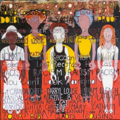 Christine Latham, YOU DON’T LOOK ABORIGINAL, Acrylic, oil paint and paint pens on canvas, 120 x 120cm
