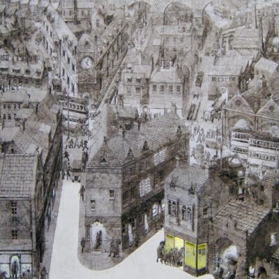 Christopher Williamson, Metropolis Two (Fish and two pennorth), Line and wash drawing on paperfaced canvas, 122 x 91cm
