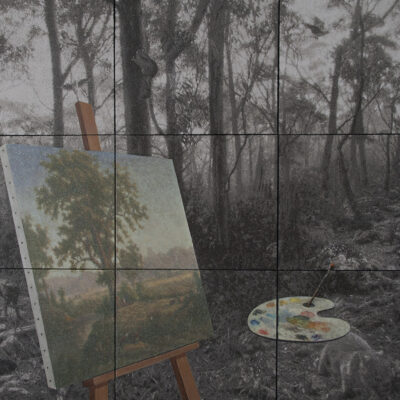 Nigel Hewitt, Arcadia
Wood ash, polymer oils, wax, wood veneer on nine canvas panels
153 cm x 183 cm
