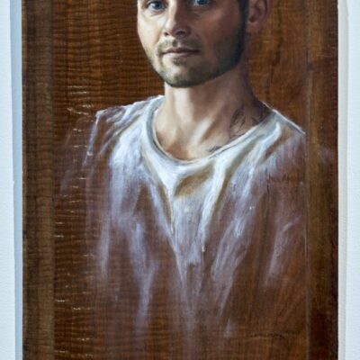 Jill Ansell, Liam Against the Grain, Oil on old jarrah panel, 65 x 26cm 