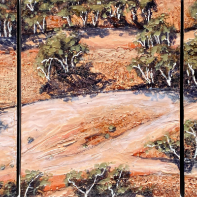Carly Le Cerf, Ephemeral River, Encaustic and Oil on Board, 50 x 129cm