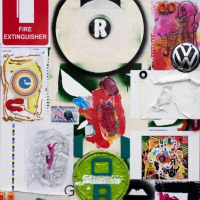 Rehgan De Mather, The Collector  Self portrait as a painting, Acrylic spray paint oil stick graphite paint skins paint tin lid and collage on wood, 90 x 60cm 