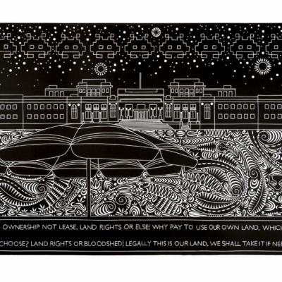 Brian  Robinson, Legacy One Umbrella 880 thousand voices  60 thousand years of occupancy, Linocut, 61 x 100cm  
