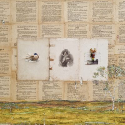 Robert Lee Davis, Australian Landscape: A Recipe for Living, Mixed media collage, book paper, found objects, acrylic paint, pencil, ink, on linen, 100 x 110cm