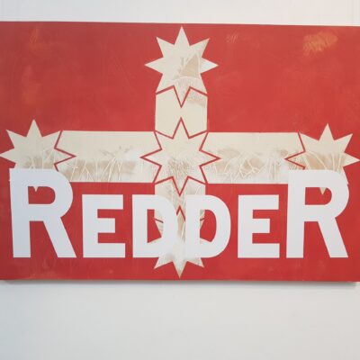 Ross Hucks, ReddeR, Mixed - acrylic and enamel paints with vinyl lettering on carved ply, 70 x 105cm